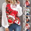 Women Christmas T-shirt Pullover Christmas Print Long Sleeves Lace Crew Neck Warm Patchwork Lantern Sleeve Elk Christmas Top Female Clothes