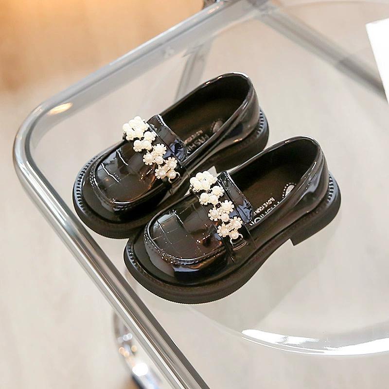 Kids PU Leather Shoes Korean Fashion Girls Pearl Casual Princess Shoes Little Girl Soft-soled Leather Shoes