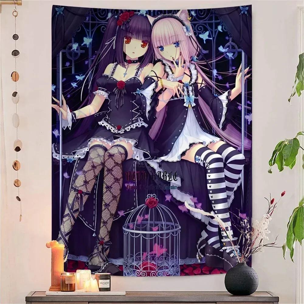 Neko Maid Tapestry, Chocola Vanilla Azuki Coconut Print Polyester Wall Hanging, Kawaii Otaku Decor For Bedroom & Living Room