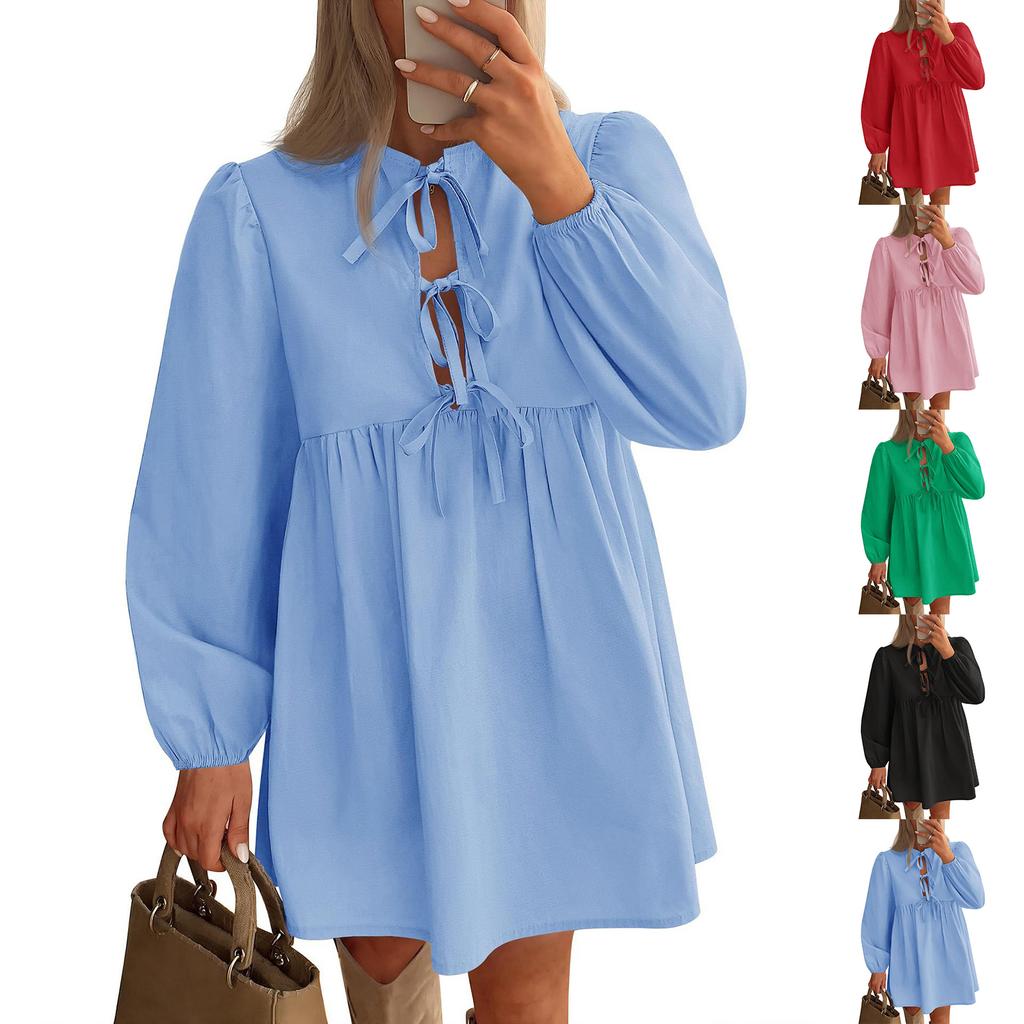 Women's Casual Fashion Lace-up A-line Pleated Long-sleeved Solid Color Short Dress