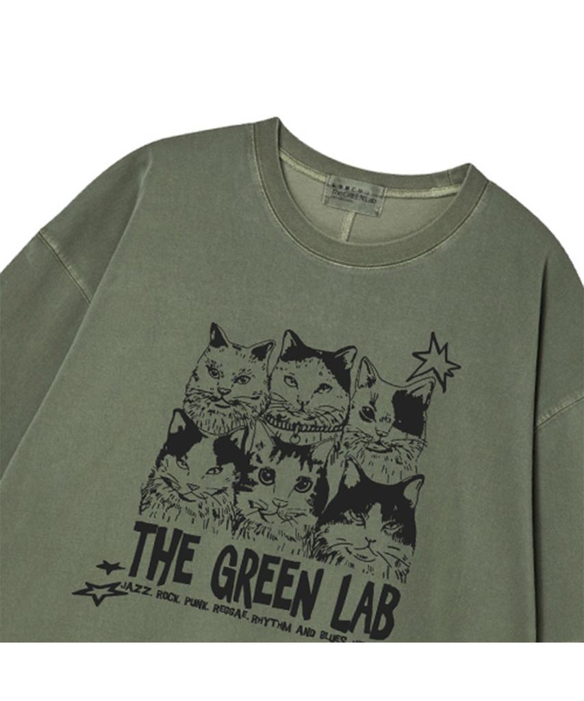 THE GREEN LAB Пигментная футболка оверсайз с коротким рукавом 'Музыкальный кот' [Хаки]