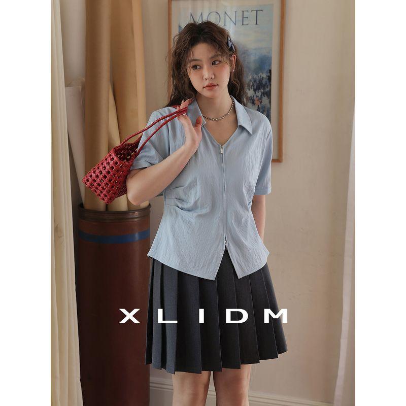 Xiaoli Plus Size Women's Double-Headed Zipper Vertical Smooth Texture Split V-Shaped Lapel Crimp Waist-Tight Slim Looking Shoulder Shirt