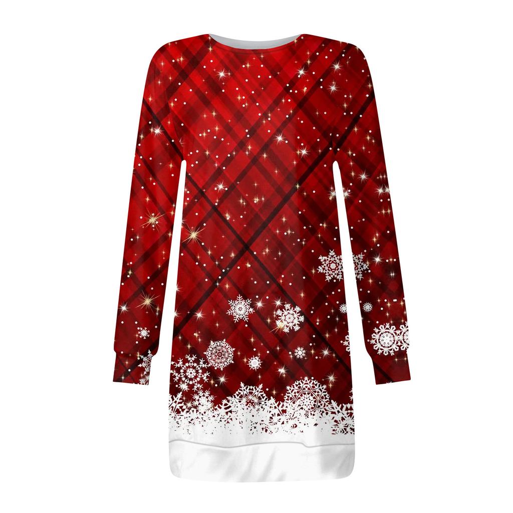 Women's Fashion Round Neck Christmas Print Long Sleeve Wrap Hip Dress Sweater