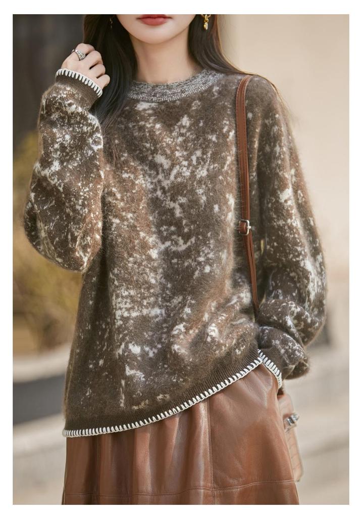 Women's Round Neck Ink Painting Color Block Sweater - 95% Wool, 5% Cashmere, Autumn/Winter Plush Knit Base Layer.