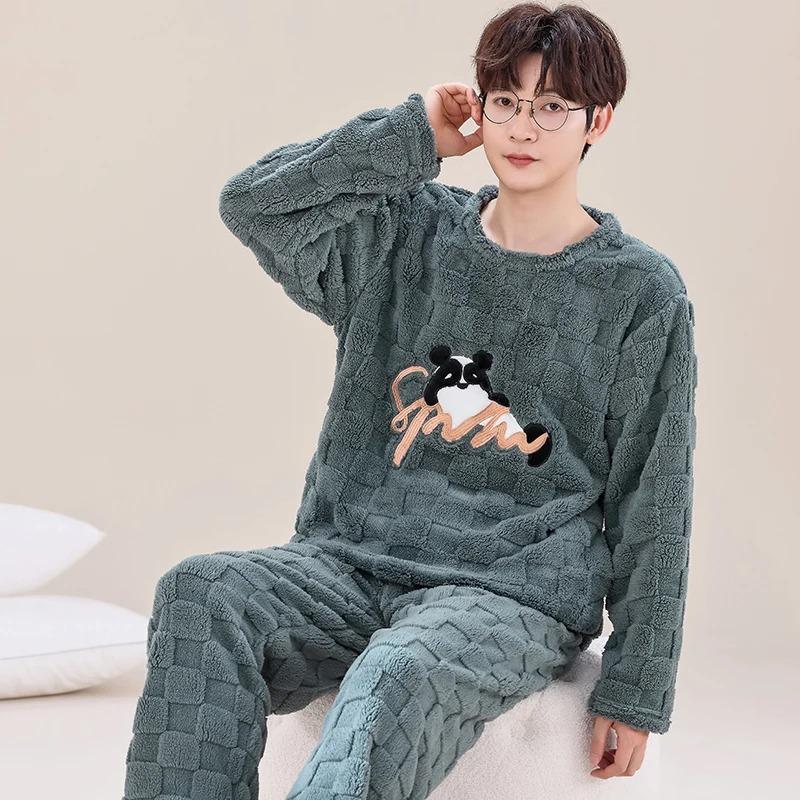 Autumn and Winter Flannel Pajamas Men's Thicken Coral Fleece Youth Student Warm Korean Pijamas Casual Loungewear
