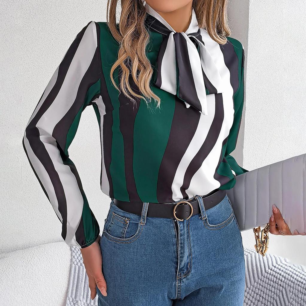 Women Spring Autumn Temperament Stripe Print Bow Collar Long Sleeve Shirt Blouses