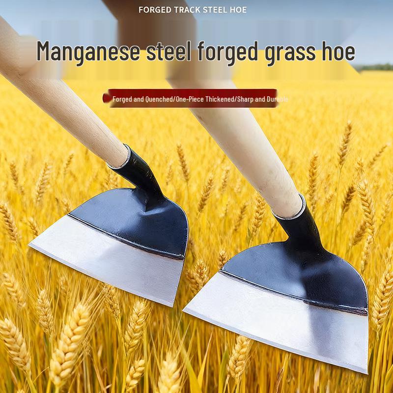 Мотыга из марганцевой стали с длинной ручкой: Идеально для прополки, копания и рыхления почвы - Цельностальное, утолщенное сельскохозяйственное орудие для использования на открытом воздухе.