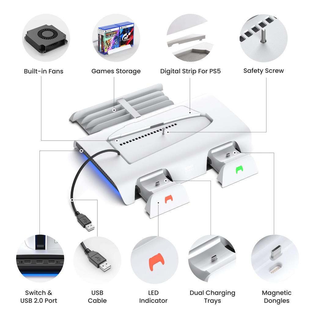KIWI Design D3 Cooling Stand for PS5 SLIM Vertical Charging Station Controller Charging Stand with RGB Charging 2 Devices Simultaneously 8 Storage