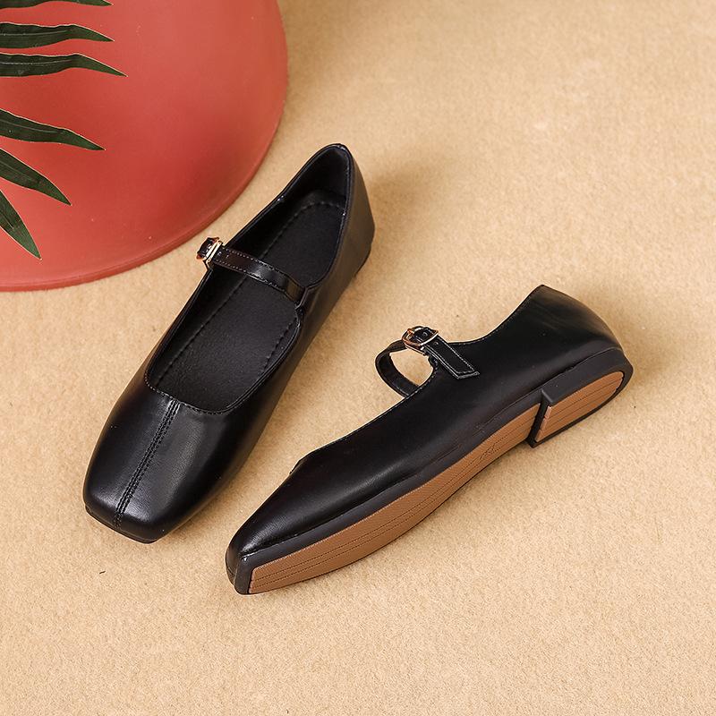French Retro Square Head Mary Jane Women'S Shoes Spring One-Word Buckle With Shallow Mouth Single Shoes Flat Shoes