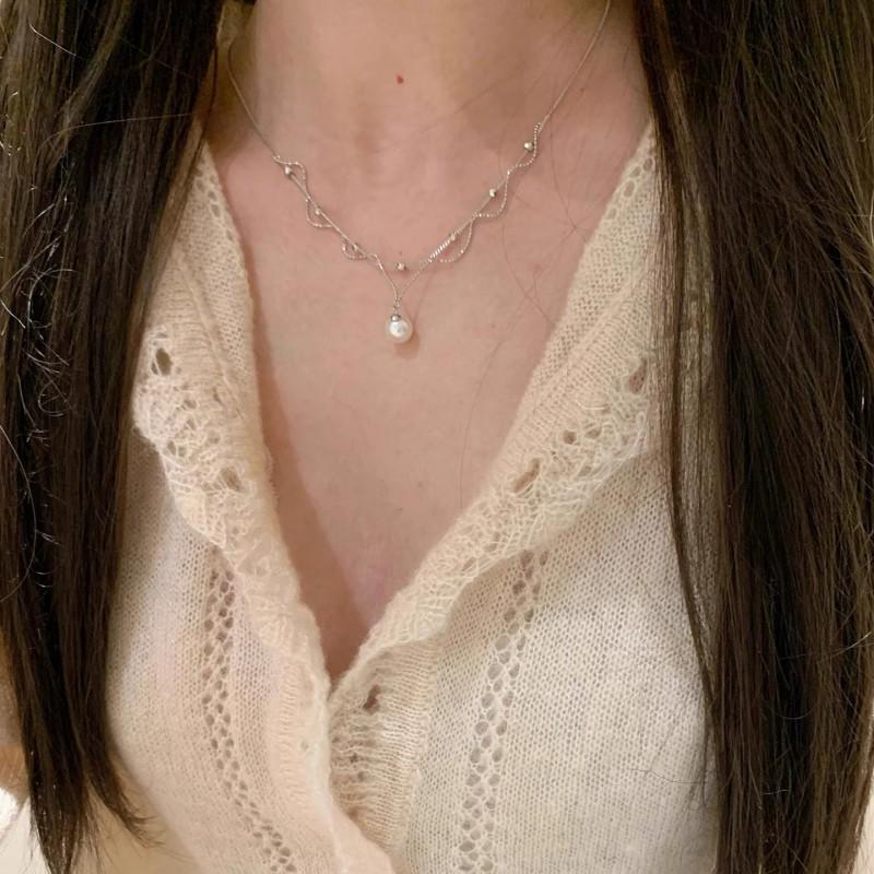 Elegant Geometric Pearl Lace Pendant Necklace Women Gold Plated Copper Chain 41-50cm Adjustable Length INS Style
