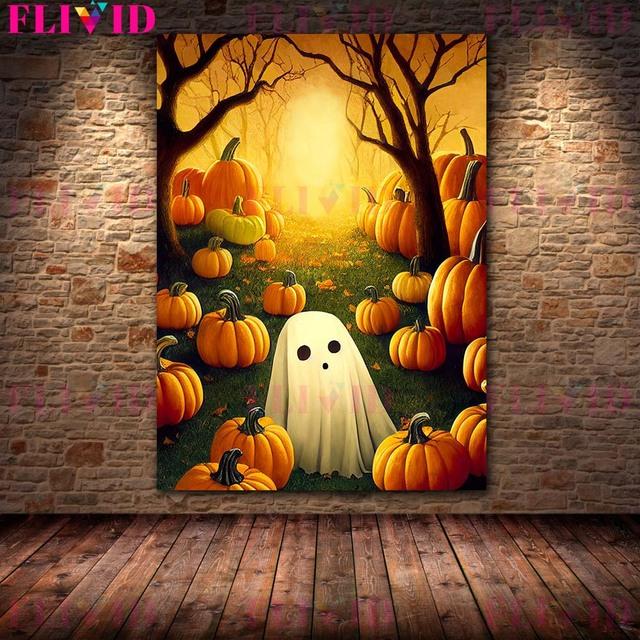 Хэллоуин Тыква Арт Принт Скелет Монстр и Призрак Стена Искусства Картина Маслом Готический Темный Языческий Плакат