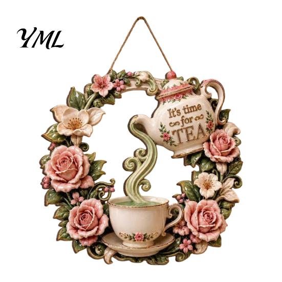 Garden Gift for Family It's Time Tea Door Sign, Metal Floral Wreath Hanger with Teapot Teacup Design, Yard Art Sculptures Rustic Wall Decor