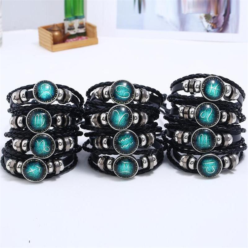 Браслет из искусственного драгоценного камня «Двенадцать созвездий» ;Браслет из бисера и искусственной кожи с плетением в виде 12 созвездий