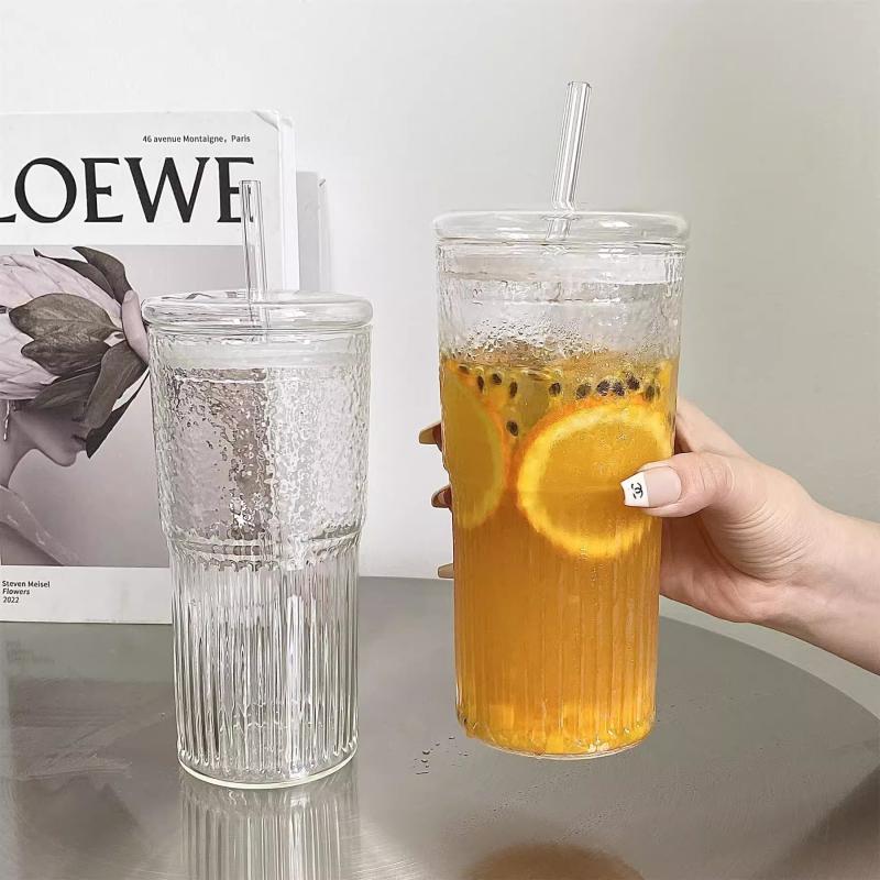 600Ml Large Capacity Stripe Glass Cup With Lid And Straw Transparent Drinking Glasses Water Cup Outdoor Drinkware Mug