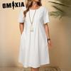 Spring Summer Vintage Loose Pockets Solid Colour O-Neck Women's Cotton Linen Dresses