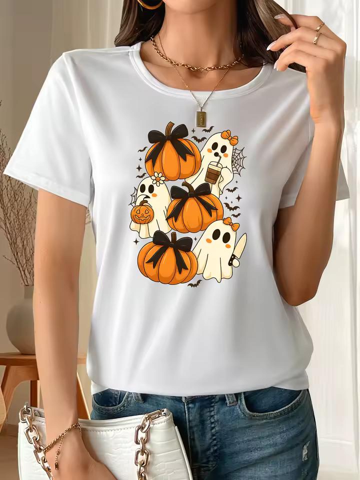 Women Halloween T-shirt 2026 New Coquette Ghost Bow Pumpkin Print O-neck Short Sleeve Cute Party Casual Clothes Streetwear