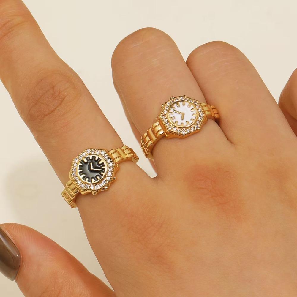 Trendy Creative Micro-inlay Zircon Watch-shaped Opening Rings for Men Women Stainless Steel Couple Finger Designer Jewelry Gifts