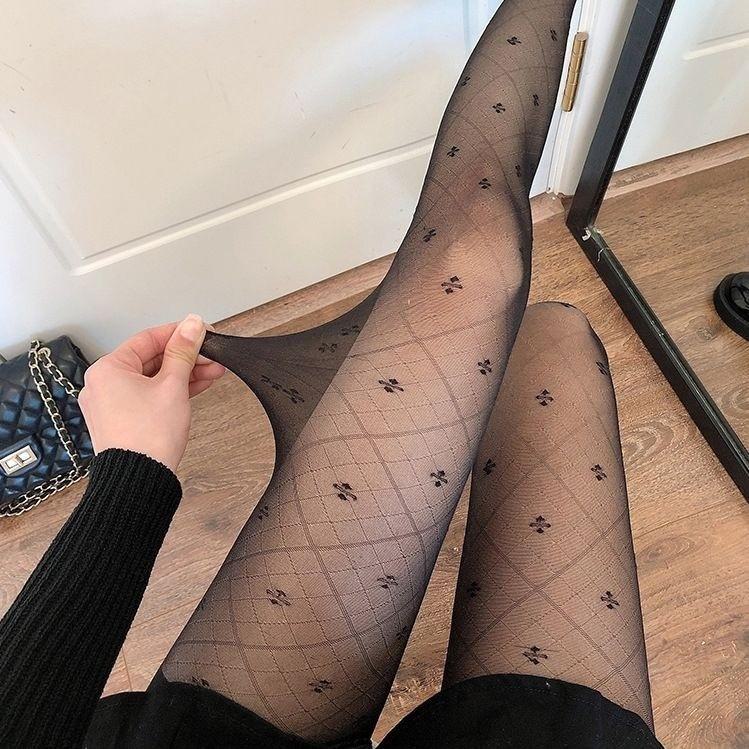 Черные жаккардовые чулки с четырехлистным клевером - женские летние прозрачные сексуальные колготки с ромбовидным узором