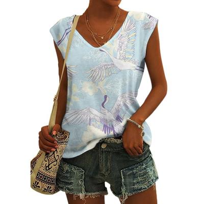 Женский жилет с принтом журавля, безрукавка, майка с V-образным вырезом, женская одежда, модная уличная одежда, базовые футболки, топы с короткими рукавами S-3XL