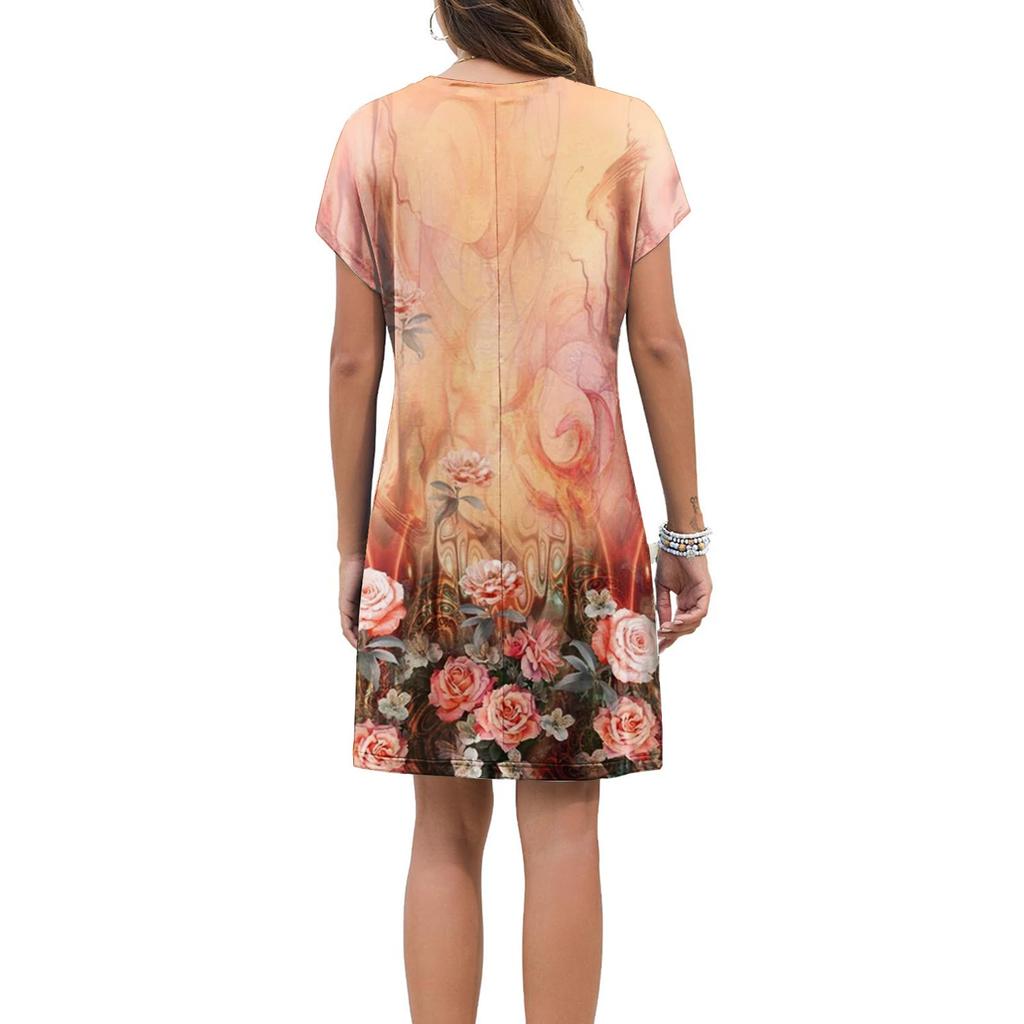 Женское модное повседневное летнее платье с цветочным принтом в стиле ретро и коротким рукавом и круглым вырезом