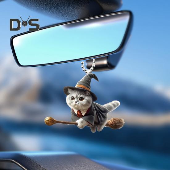 Halloween Wizard Cat Hanging Decoration Home Indoor Christmas Tree Car Rearview Mirror 2D Flat Acrylic Broom Kitten Hanging Ornament Animal Pendant