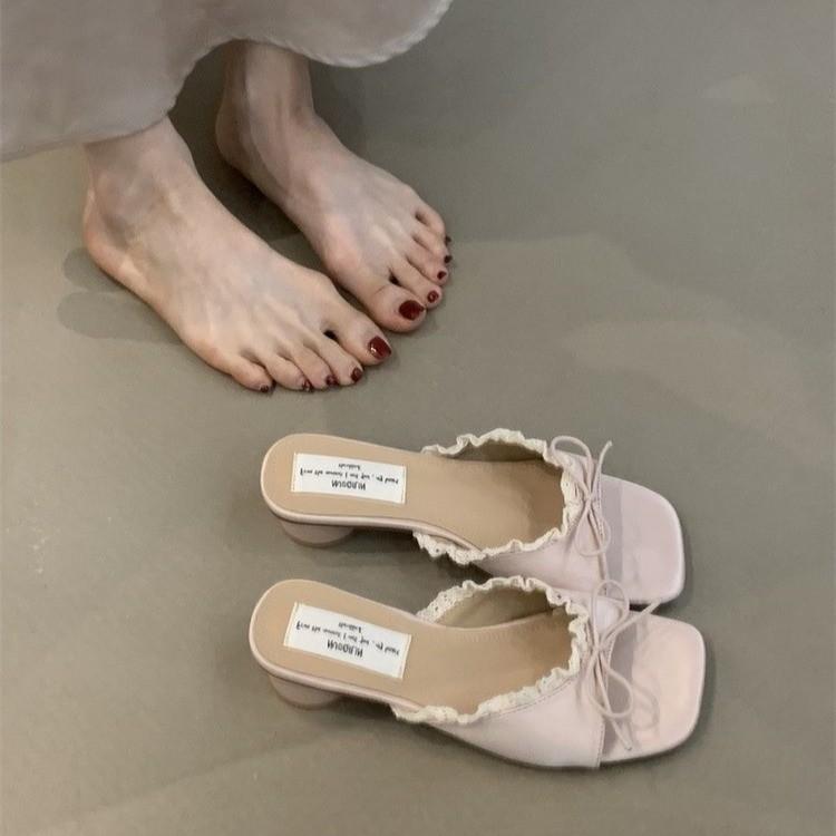 2025 New Summer Women Square Toe Slippers Fashion Lace Dress Slide Shoes Ladies Concise Outdoor Beach Vacation Sandalias