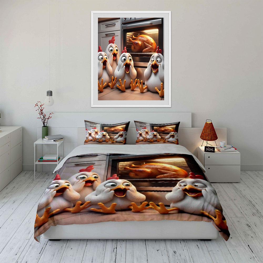 "Animated Chicken Trio Kitchen Surprise" Exquisite three-piece bedding set gift for kids and adults