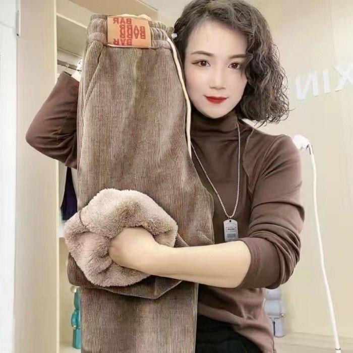 Женские зимние спортивные штаны из хлопка и бархата: Свободная, теплая, повседневная овчина для студенток