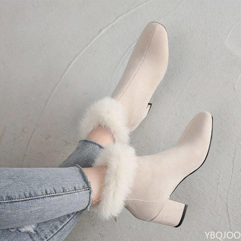 Маленький размер Зимний новый стиль Квадратный носок с плюшевым мехом Толстый каблук Короткие ботильоны Женские ботинки Плюшевые Модные Женские Дизайнерские ботинки