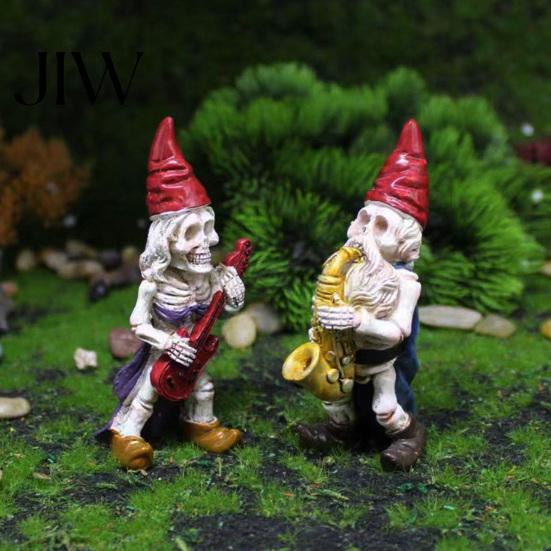 Gothic Lawn Ornaments Halloween Skeleton Gnome Musician Resin Figurine, Hand-Painted Statue with Guitar Creative Goth Garden Accessories Saxophone,