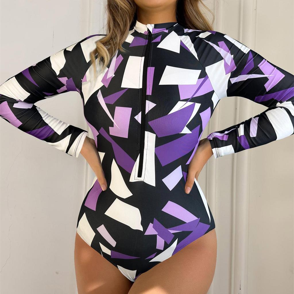 Women's Fashionable One-piece Long Sleeved Zippered Beach Surfing Elastic And  Swimsuit
