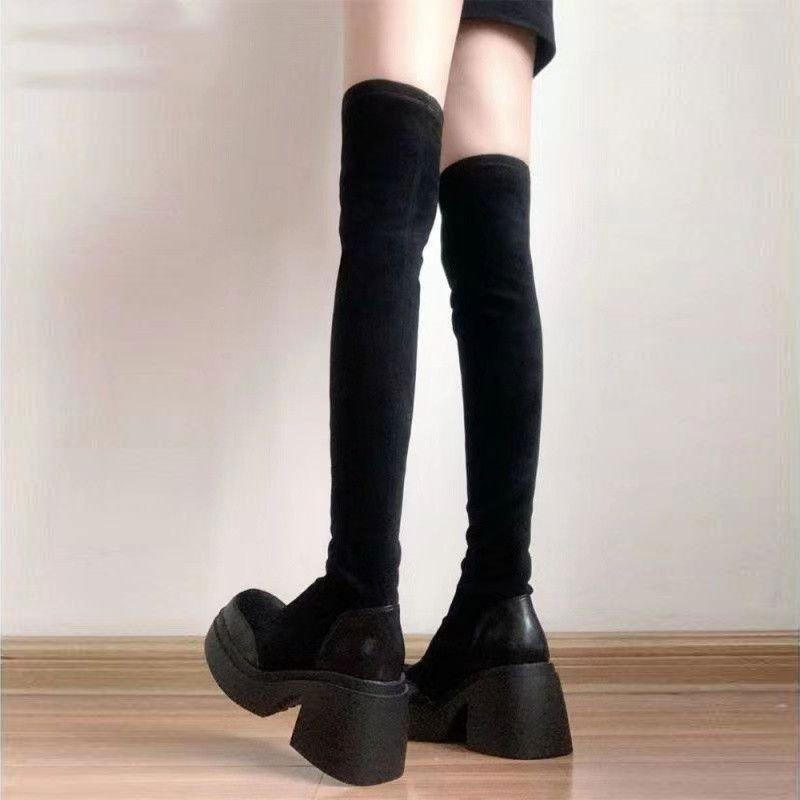 Женские зимние замшевые эластичные сапоги черного цвета 2025 новая модель на толстой подошве и толстом каблуке сапоги до колена тонкие сапоги сапоги-носки длинные сапоги