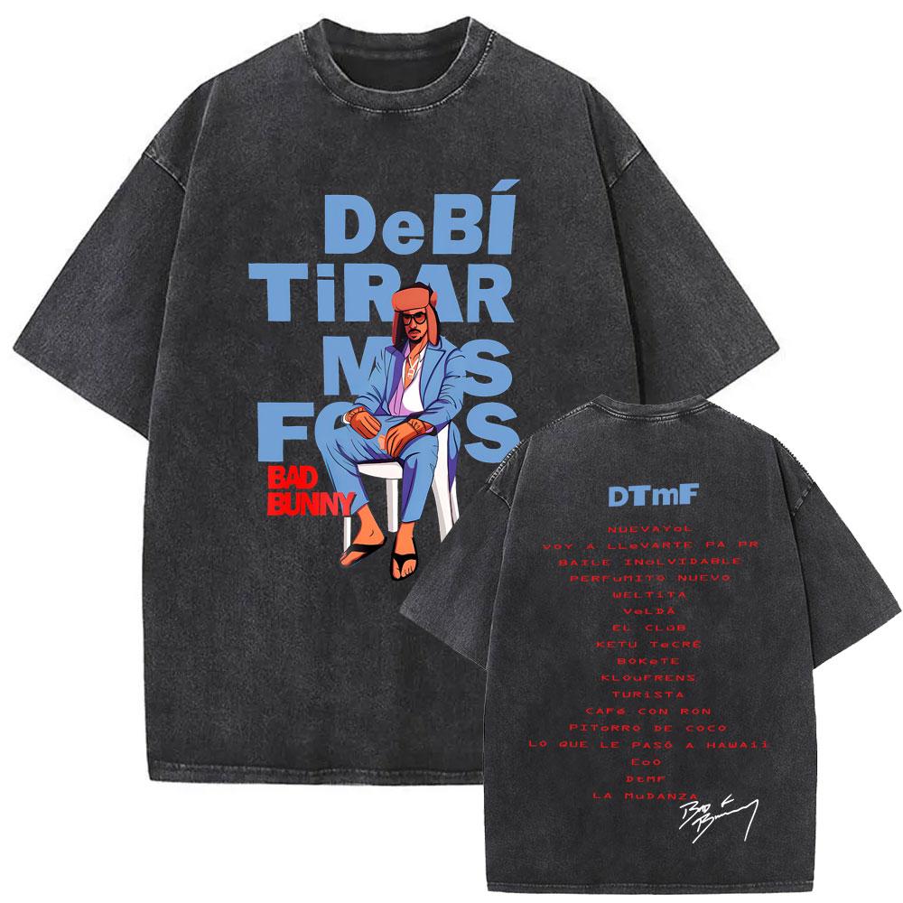 Стирка Винтаж Рэпер Лицо Bad Bunny Графическая Футболка DeBi TiRAR MaS FOToS DTMF Принт Футболки Мужские Хип-Хоп Ретро Оверсайз Футболка
