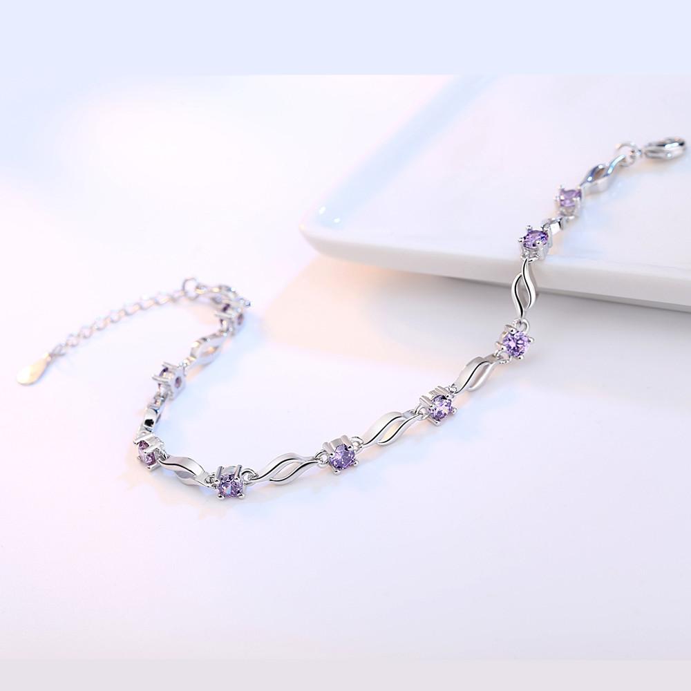 925 Sterling Silver Jewelry Bracelet High Quality Retro Fashion Woman Purple Crystal Four Prong DIY Bracelet Length 20.5CM