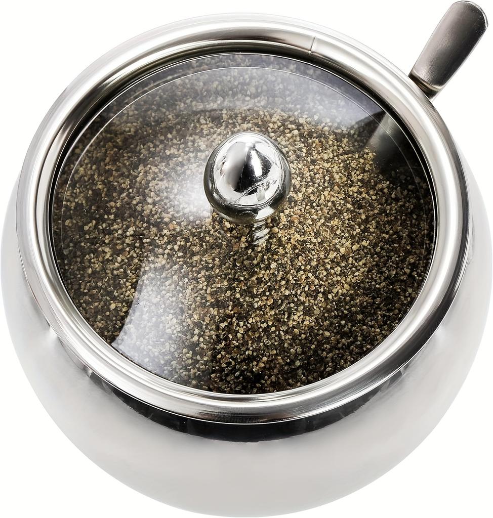 1 шт. 330 мл (10 унций) Сахарница из нержавеющей стали со стеклянной крышкой и ложкой - Идеально подходит для аксессуаров кофейного бара и кухонного хранения