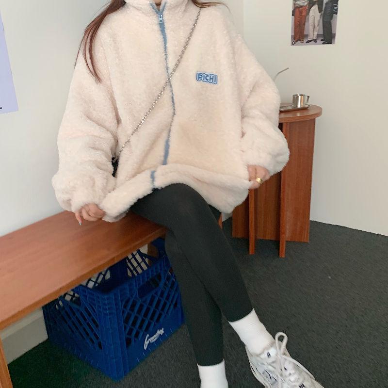 Женские толстовки плюс бархатные пары на молнии с надписью с длинным рукавом из овечьей шерсти оверсайз мягкие модные повседневные теплые универсальные в корейском стиле
