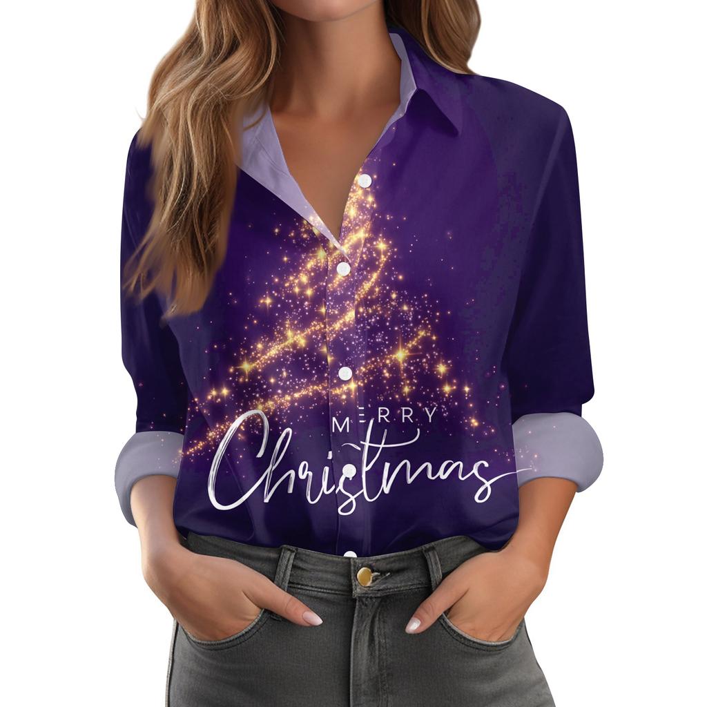 Женская повседневная рубашка с рождественским принтом, полуоткрытым воротником и длинными рукавами
