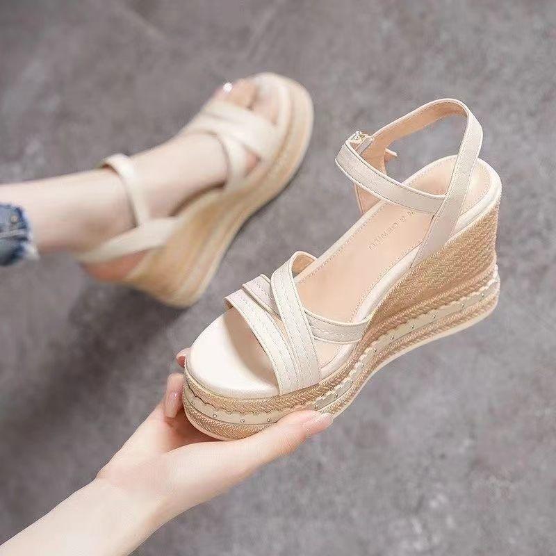 Fashion Woman Shoes Wedge With Platform Waterproof Leather Outdoor Sandals for Women Beige Original Summer 2024 Offers Sale H Luxury On