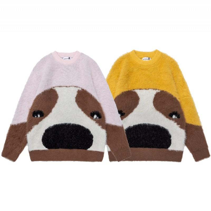 Unisex Vintage Americana Cartoon Dog Print Colorblock Knit Sweater Loose Fit Long Sleeve Fall Top