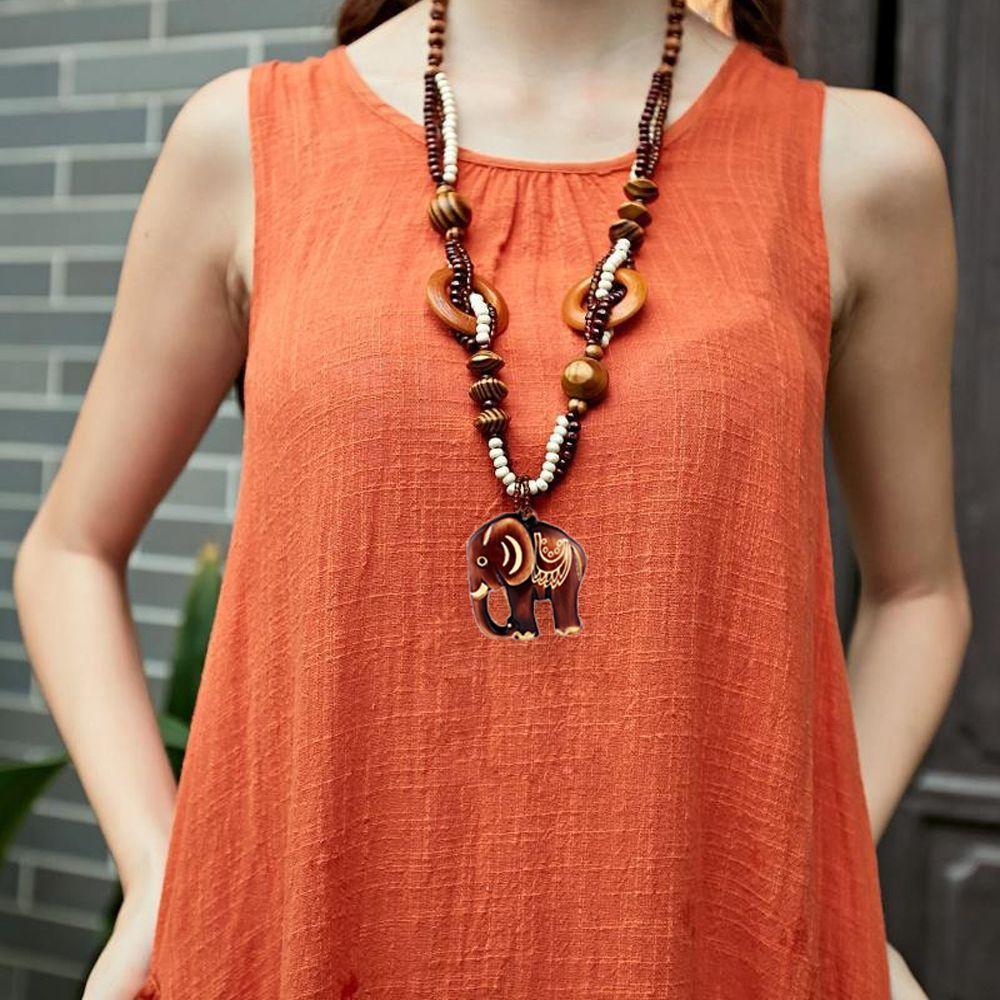 Wholesale Price Hot Sale for Women Necklace Long Hand Made Bead Wood Elephant Pendant Ethnic Style