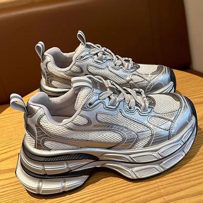 Серебряные туфли для папы, летняя сетчатая дышащая обувь, детская осенняя новая повседневная спортивная обувь на толстой подошве для женщин