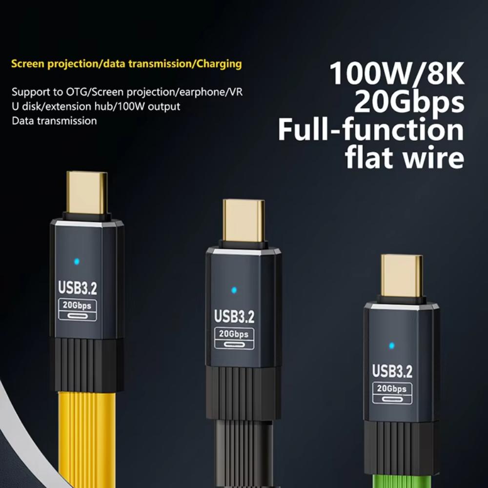 Плоский USB-C на USB-C Кабель USB3.2 20 Гбит/с Передача Совместим с Thunderbolt 3 PD 100 Вт 5 А Шнур для Быстрой Зарядки для iPhone 15/16 Pro, MacBook, Samsung и Xiaomi
