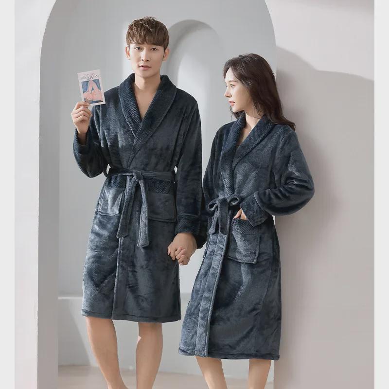 Осенне-зимний пижамный комплект для пар - плотный фланелевый халат для мужчин и женщин, белый кардиган с лацканами, домашняя одежда из кораллового флиса