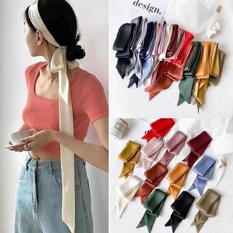 5x200cm Satin Silk Narrow Scarf Neckerchief Solid Neck Scarves Long Silk Thin Scarf Head Neck Hair Band Bag Ribbon Headbands DIY