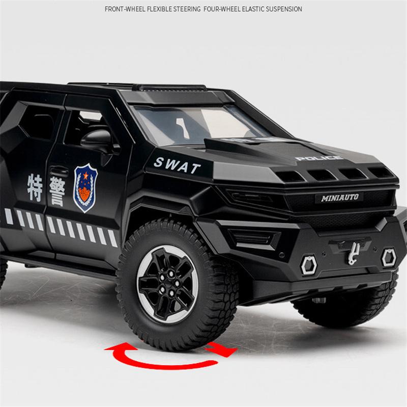 1:24 Vengeance Alloy Explosion Proof Vehicle Model Metal Police Armored Off-road Vehicle Car Model Sound and Light Kids Toy Gift