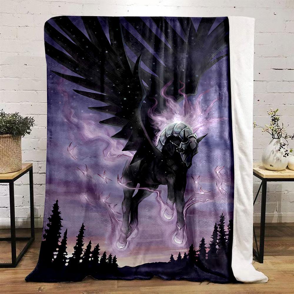 A winged, armored horse with glowing purple energy over a twilight forest. for all seasons blanket lunch break throw gift