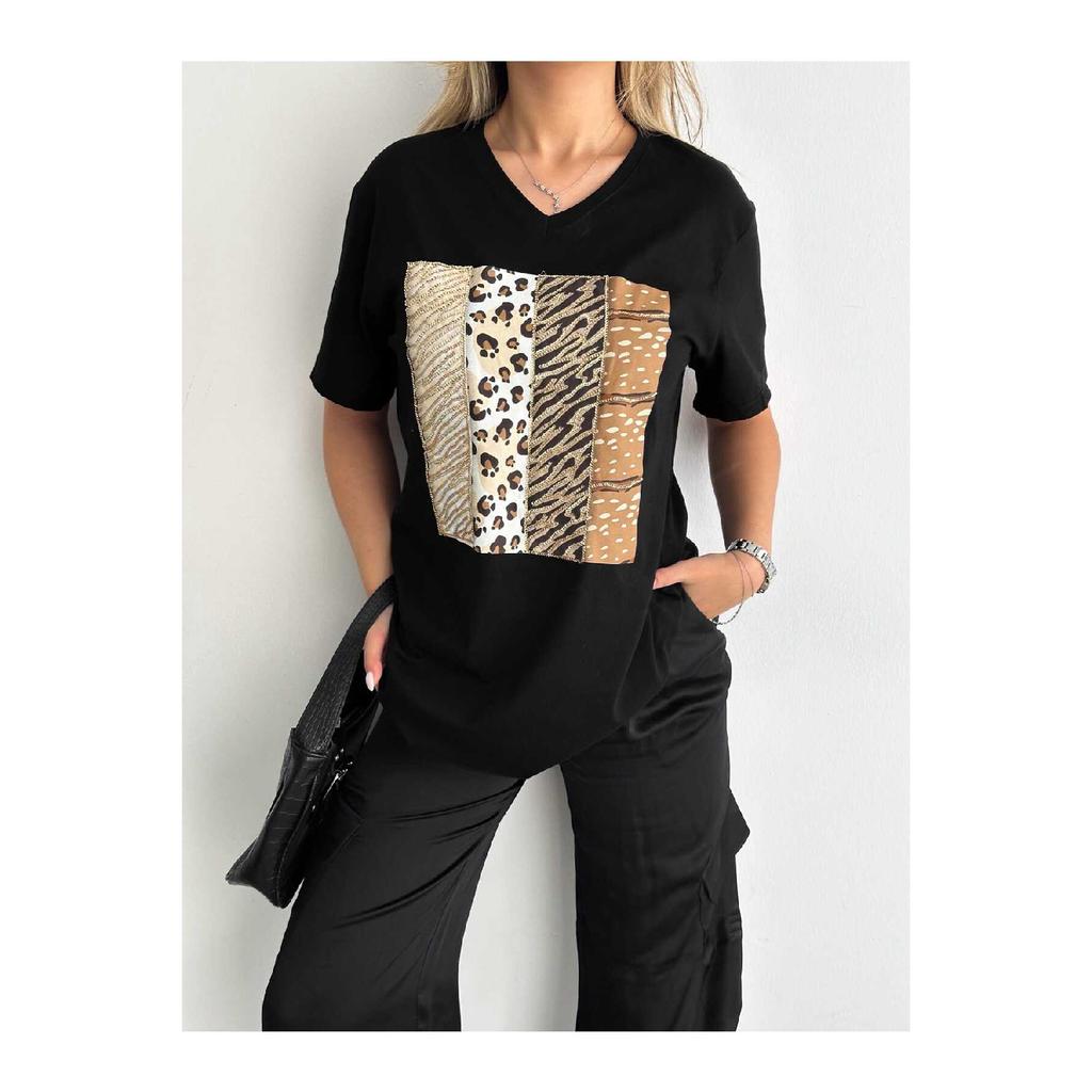 Женская черная футболка из 100 % хлопка с v-образным вырезом и вышивкой пайетками больших размеров