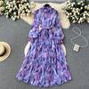 Autumn Dresses for Women Vintage Chiffon Floral Ruffles Robe Femme Temperament Pleated Maxi Dress