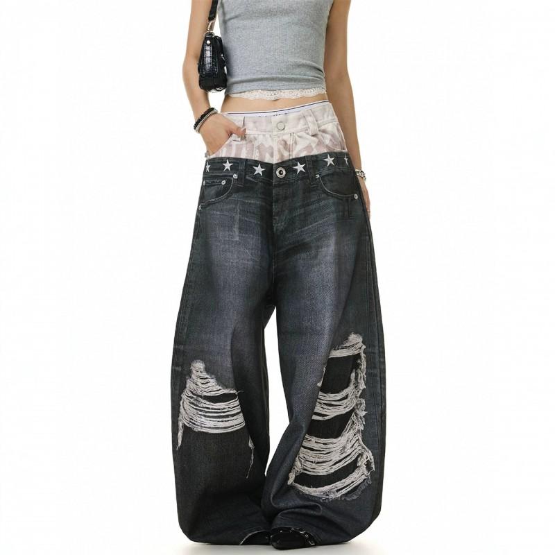 Womens Loose Straight Jeans 3D Print Distressed Streetwear Casual Denim Pants