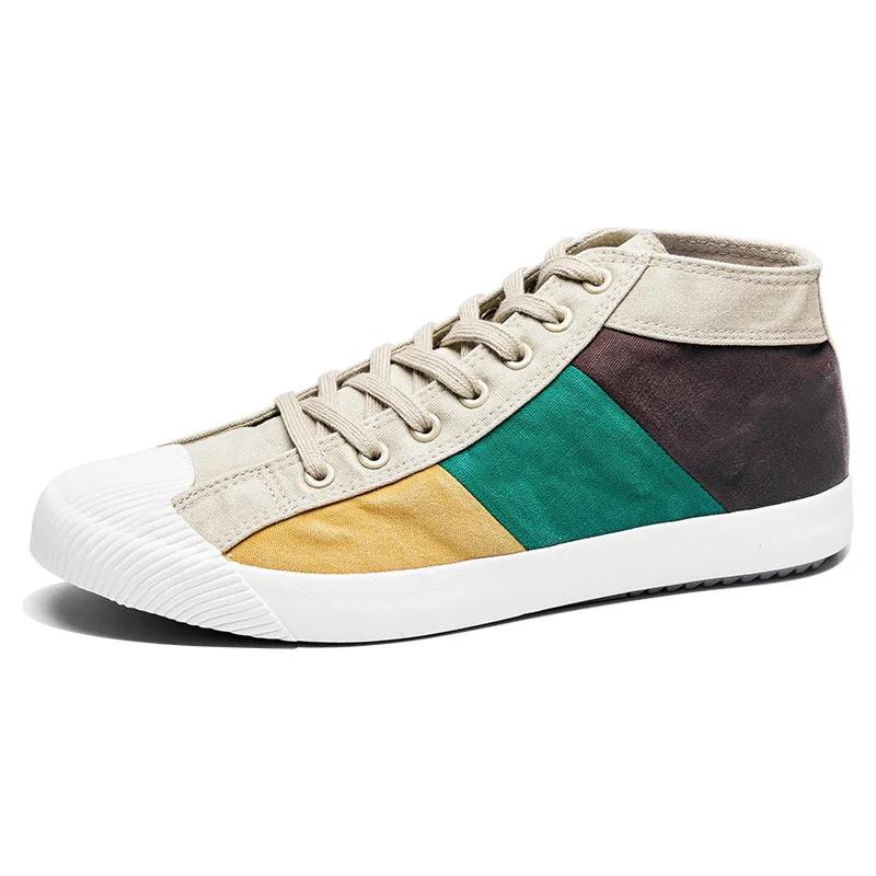Мужская парусиновая обувь с цветными блоками, дышащая повседневная обувь, лоферы, мягкие удобные уличные туфли на плоской подошве, мужские плимсоллы на шнуровке